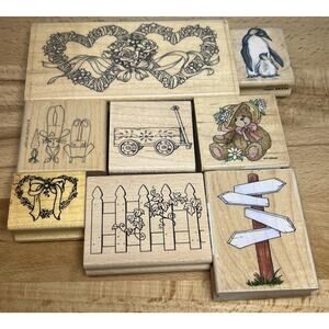 VTG Lot of 8 Flower Heart Garden Themed Wood Mounted Rubber Ink Stamps Crafting
